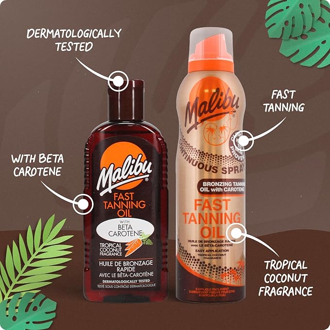 Malibu Sun Fast Tanning Oil - Tan Accelerator for Outdoor/Tanning Bed, Beta Carotene Carrot Extract & Vitamin E for Moisture & Hydration, Water-Resistant, Coconut, Cruelty-Free, Made in UK (3.4 Fl Oz)