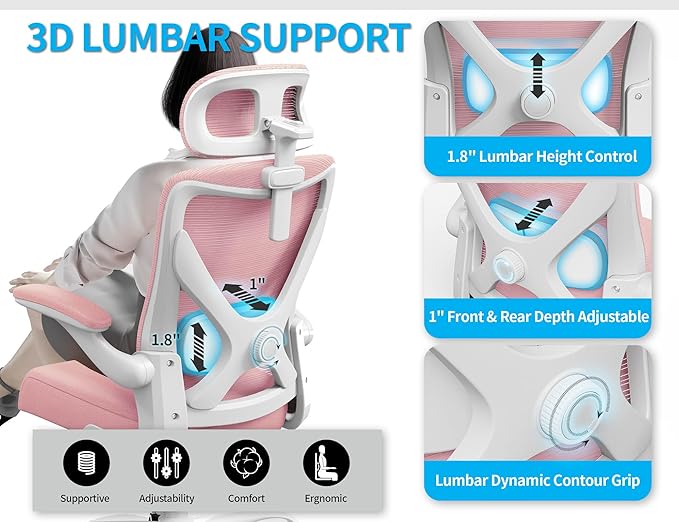Pink Ergonomic Office Chair: Mesh Desk Chair Comfy with Adjustable Lumbar Support 330lbs High Back Computer Gaming Chair - Big and Tall Office Chairs with Headrest - Adults Home Office