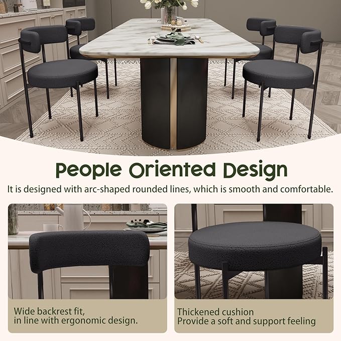 Boucle Dining Chairs Set of 6 Teddy Upholstered Dining Room Chairs Kitchen Chair with Metal Legs Mid Century Modern Chair for Dining Room, Kitchen (Black Frame+Black, 6)