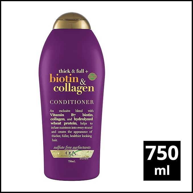 OGX Thick & Full + Biotin & Collagen Volumizing Conditioner, Nutrient-Infused Conditioner + Vitamin B7 Biotin Gives Hair Volume & Body for 72+ Hours, Sulfate-Free Surfactants, 25.4 fl. oz (Pack of 2)