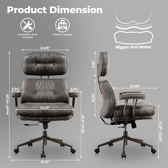 ovios Ergonomic Office Chair, High Back Faux Leather Executive Chairs with Thick Cushion, Comfy Mid-Century Modern Swivel Rolling Computer Armchair (Dark Grey, Suede Leather)