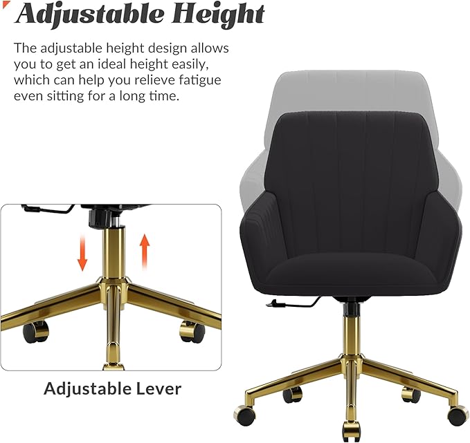 YISHENG Velvet Home Office Chairs with Gold Base, Height Adjustable 360 Degree Swivel Desk Chair with Wheels, Upholstered Tufted Modern Vanity Chairs for Living Room, Bedroom,Study Room (Black)