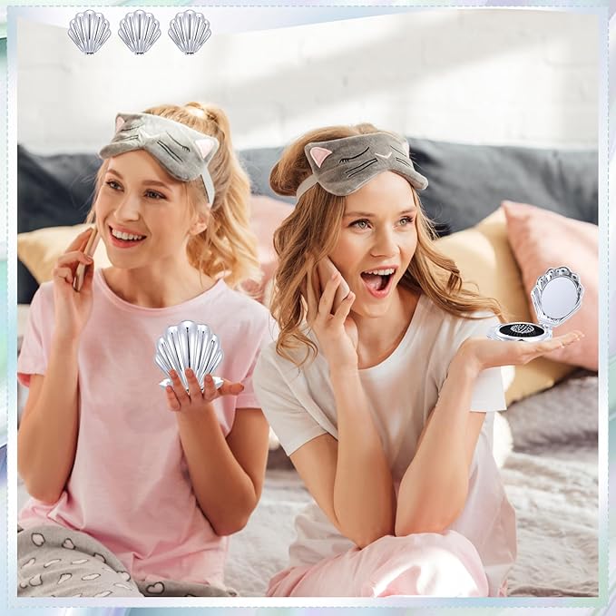 Meanplan 12 Pcs Mermaid Party Favors Shell Hair Brush with Mirror Foldable Mini Travel Pocket Hair Brush Compact Makeup Comb for Women Girls Valentines Day Birthday Gifts(Silver)
