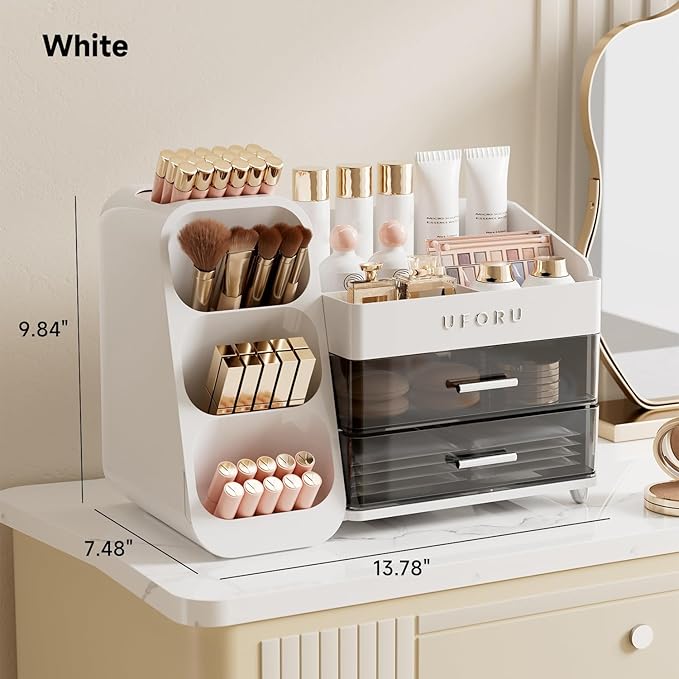Makeup Organizer for Vanity with Brush Holder, Countertop Skincare Organizer with 2 Drawers, Spacious Cosmetic Display Case for Perfumes, Eyeshadow Palettes, Nail Polishes