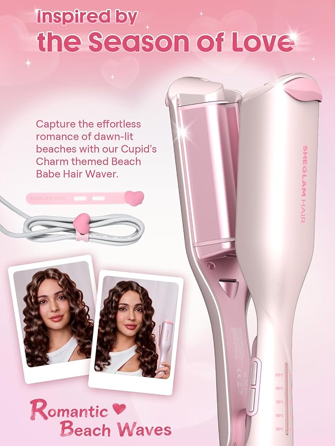 SHEGLAM Pink Beach Wave Hair Waver 0.75 inch - Lightweight Dual Voltage Crimper for Women, Smart Timer Double Barrel Tool with Adjustable Temps & Anti-Scald for Mermaid Waves on Short Hair