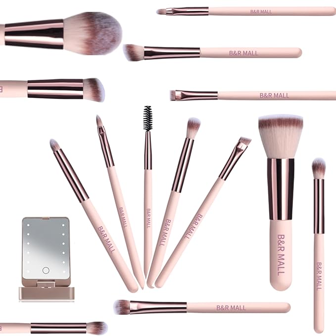 B&R MALL Makeup Brush Set with LED Mirror – Supper soft Brushes for Flawless Foundation, Concealer, Eyeshadow & More | Lightweight, Versatile, Perfect for On-the-Go Touch-Ups (Champagne Gold)