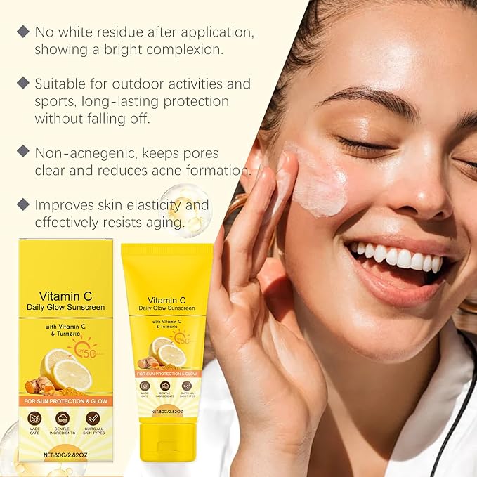 Vitamin C Glow Sunscreen SPF 50+ PA++++ Broad Spectrum | Lightweight Daily Face Sunscreen with Turmeric Extract | No White Cast, Non-Greasy Formula | Moisturizing, Vegan & Reef Safe (3)
