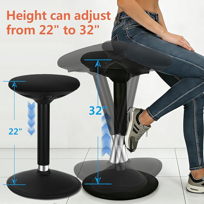 Standing Desk Balance Wobble Stools, Height Adjustable 22-32 Inch for Office and Classroom, Anti-Fatigue Standing Chairs, Ergonomic Stools with Anti-Slip Round Bottom, Black