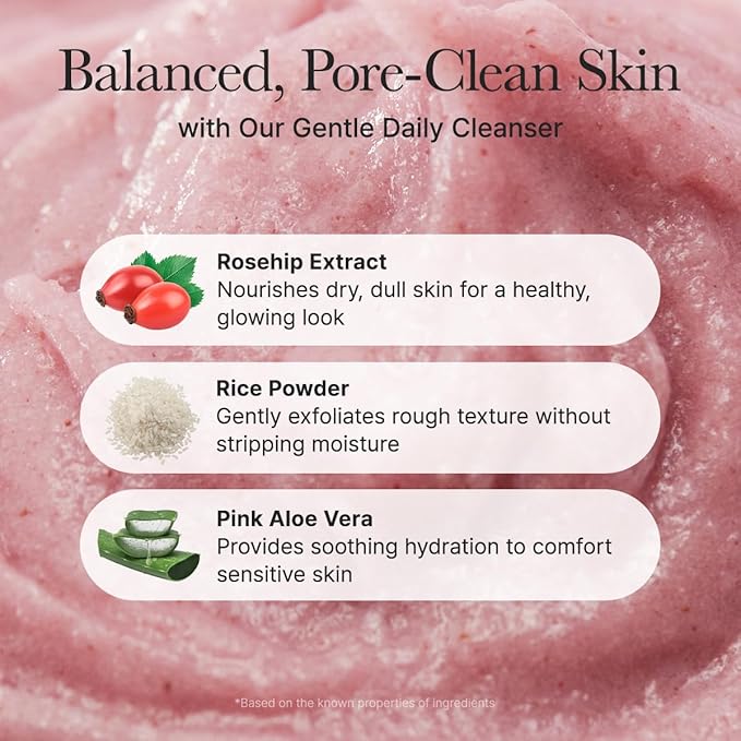 Arencia Rosehip Brightening Rice Mochi Face Cleanser & Daily Scrub - Moisturizing, Exfoliating & Deep-Cleansing - All Skin Types with Rice Powder & Rice Water (1.76oz)