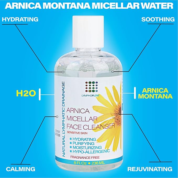 Bruizex Arnica Montana Micellar Cleansing Water, Facial Cleanser & Makeup Remover, Suitable for All Skin Types, Use for Natural Lymphatic Drainage, Reduces Face Puffiness, Daily Skin Care, 8 Fl Oz