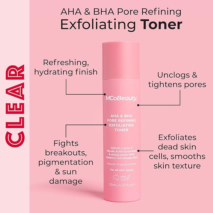 MCoBeauty - AHA & BHA Pore Refining Exfoliating Toner - Brightening, Clarifying & Skin-Smoothing Treatment for Clear, Balanced Complexion - Skin Care, Exfoliate for Face
