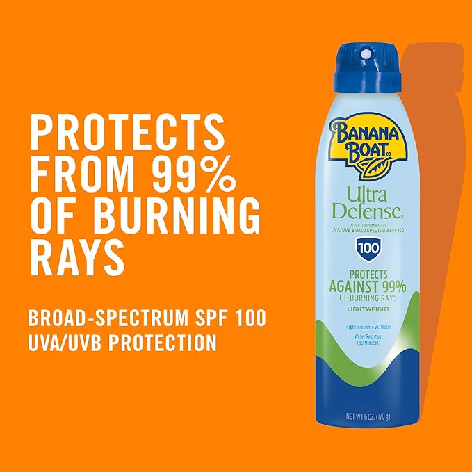 Banana Boat Ultra Defense Clear Sunscreen Spray SPF 100, 6oz | Lightweight Sunscreen, Banana Boat SPF 100, Water Resistant, 6oz