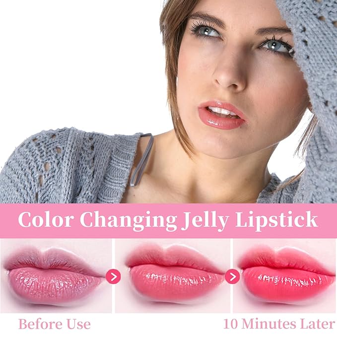BLUE LOVE 3-Piece Color Changing Flower Jelly Lipstick Set - Nourishing Clear Lip Balm with Flower, Long-Lasting Moisturizing Lip Gloss (3Pc Gold)