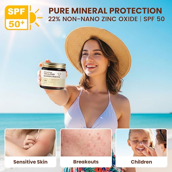 Beef Tallow Sunscreen (3 pack): SPF 50 Daily Sun Care for Extremely Sensitive, Acne-Prone & Kid-Safe Skin – Non-Toxic Sunblock with 22% Non-Nano Zinc Oxide, Clean Formula for Face & Body