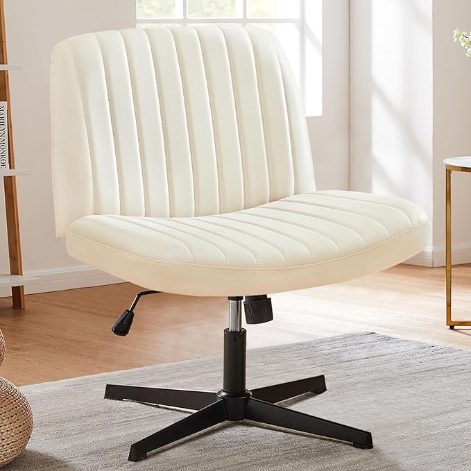 Sweetcrispy Criss Cross Chair Legged, Armless Office Wide Desk Chair No Wheels, PU Leather Swivel Vanity Height Adjustable Fabric Modern Computer Task Seating for Home - Beige