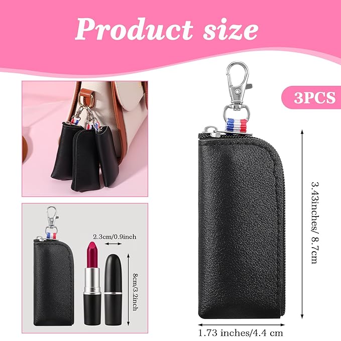 3 PCS Holder Lip Balm Sleeve Pouch with Hook, Portable Lipstick Case for Purse, Lip Gloss Keychain Holder, Mini Pouch Travel Accessories