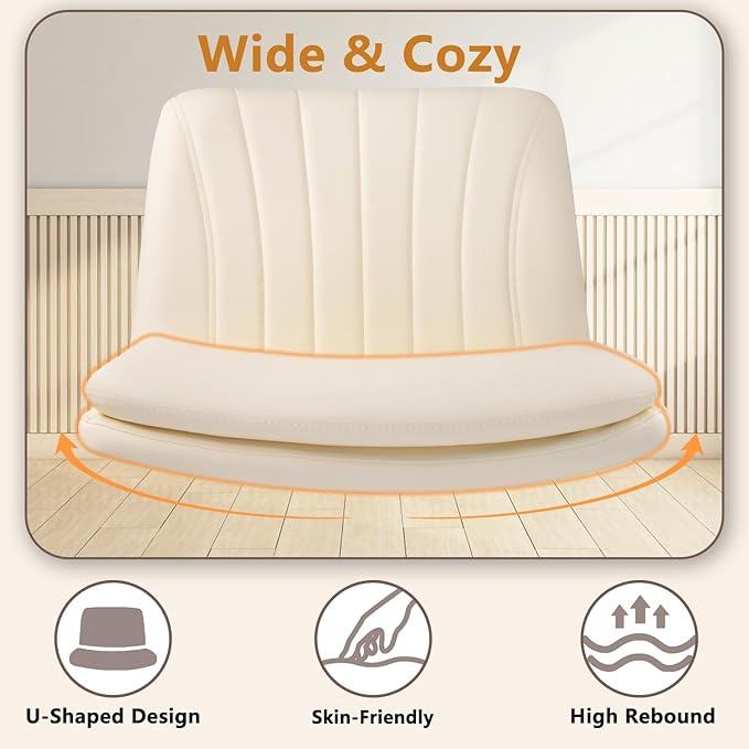 Criss Cross Chair with Wheels, Cross Legged Office Vanity Chair with Wheels, Comfortable Beige Vanity Stool with Back, PU Leather Armless Wide Swivel Criss Cross Desk Chair for Home Office