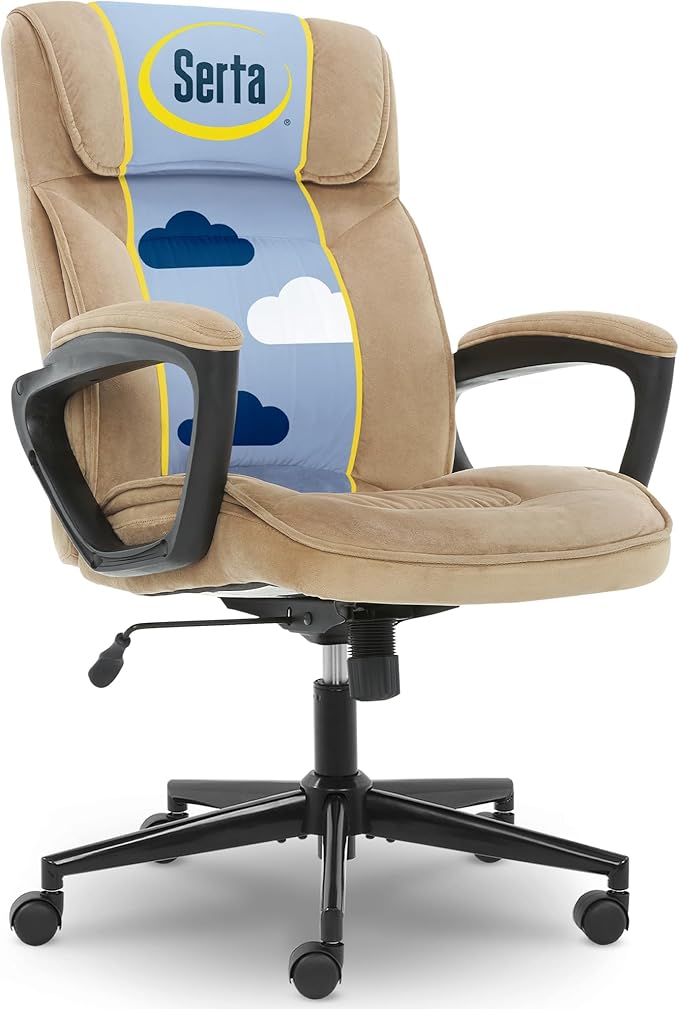 Serta® Hannah Executive Home Office Desk Chair, Ergonomic Mid-Back with Lumbar Support, Firm Seat Cushion, Layered Body Pillows, Padded Armrests, Swivel Base, Easy Assembly, Microfiber, Beige