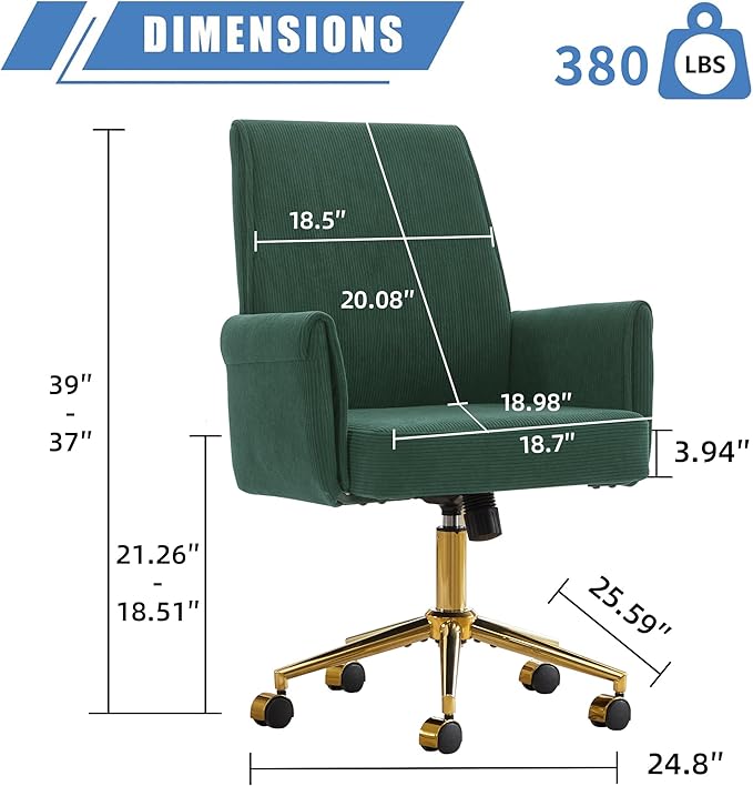Stripes Velvet Home Office Desk Chair, Accent Upholstered Modern Height Adjustable Swivel Chair with Wheels,Ergonomic Task Chair for Living Room,Bedroom,Vanity,Study,Office（Green）