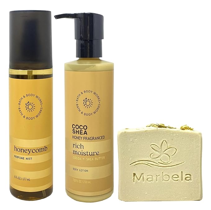 Bath & Body Works Honeycomb Perfume Mist and Honey Body Lotion Duo Set with a Wild Jasmine Bar Soap - Full Size