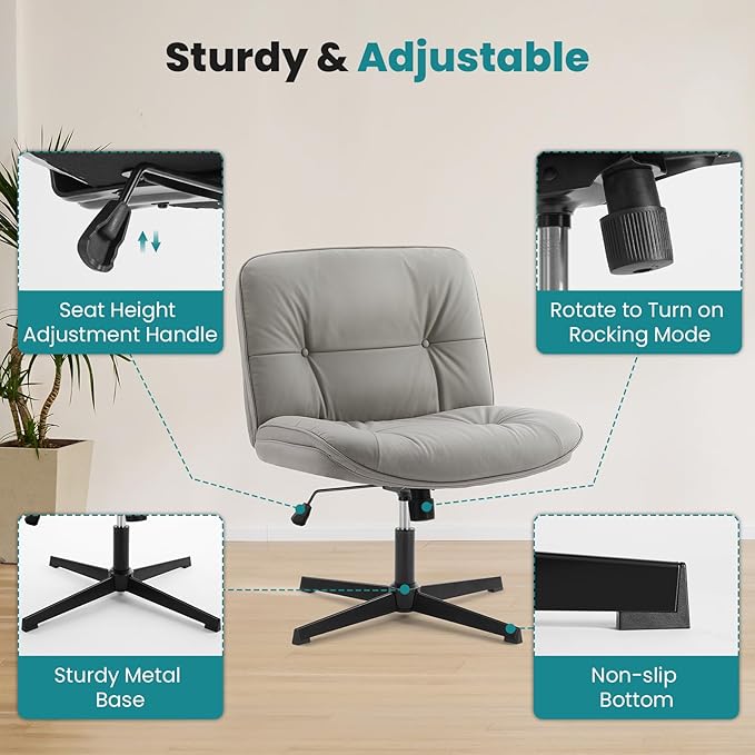 OLIXIS Criss Cross Chair Without Wheels, Cross Legged Office Chair, Armless Wide Vanity Desk Chair with Comfy PU Leather& Back - Swivel for Home Office Bedroom, Gray