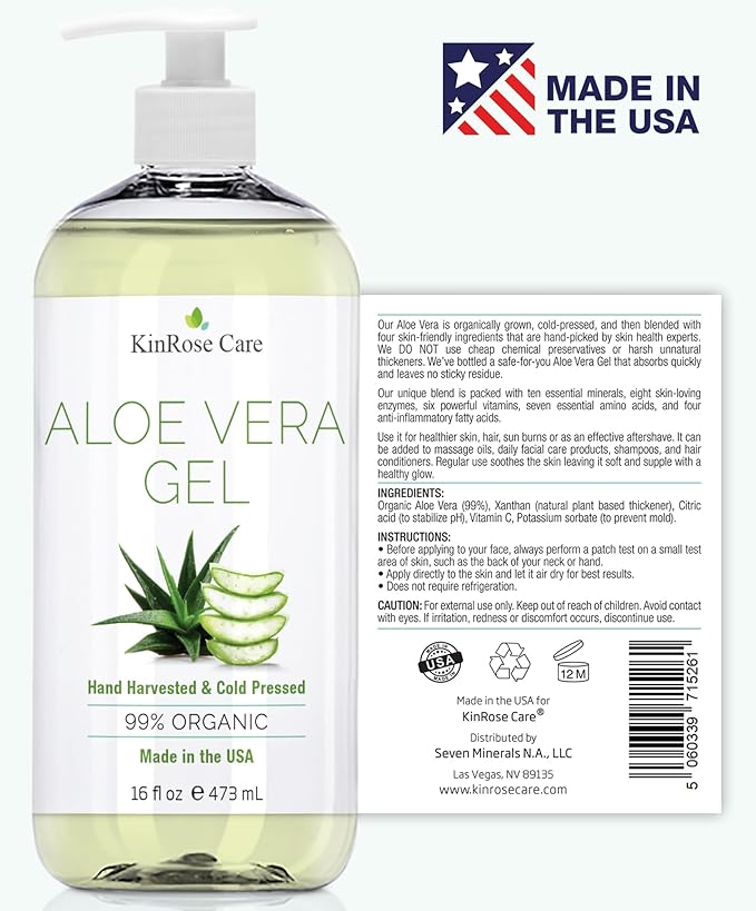 16oz Organic Aloe Vera Gel for Face, Skin, Hair & Sunburn Relief - From 100 Percent Pure Aloe Vera - Cold Pressed, Vegan, Unscented - Made in USA.