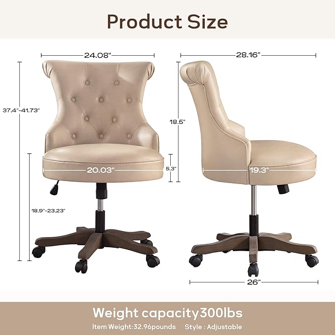 HUIMO Home Office Chair Upholstered Armless Desk Chair with Wheels Adjustable Height Computer Desk Chair with Wooden Legs Comfortable Swivel Chair for Home Office Study Studio (Light Taupe)