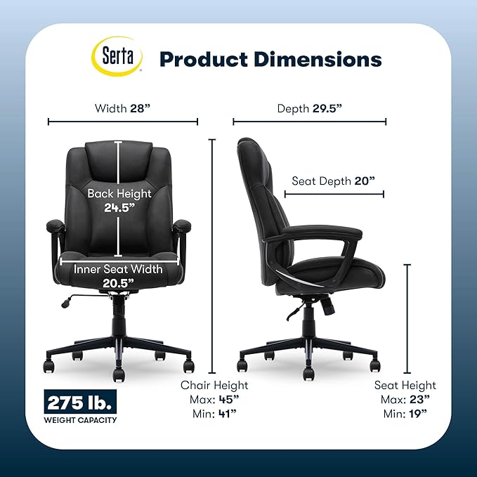 Serta Comfort Eco Office Chair, Ergonomic Mid-Back with Lumbar Support, Semi-Plush Seat Cushion and Layered Body Pillows, Padded Armrests, Metal Swivel Base, Soft Velvet Fabric, Black