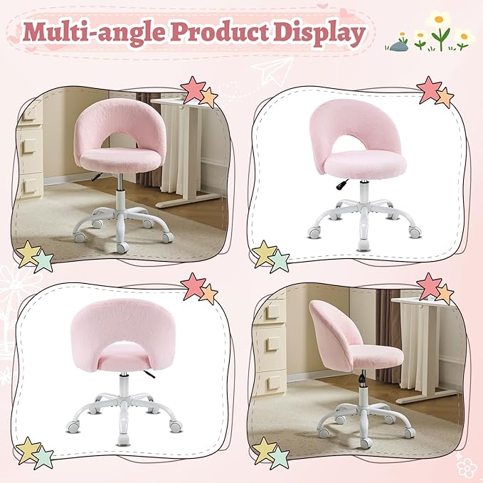 VINGLI Small Vanity Chair with Faux Fur Wheels for Girls,Cute Adjustable Height Armless Office Desk Chair,360°Swivel Comfy Rolling for Study,Make up Room,Small Space,Light Pink