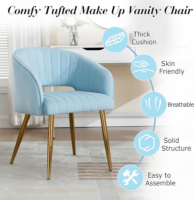 Modern Velvet Vanity Chair, Home Office Desk Chair with Hollow Back, Upholstered Dining Chair with Gold Metal Legs, Comfy Accent Armchair for Living Room Bedroom, Light Blue