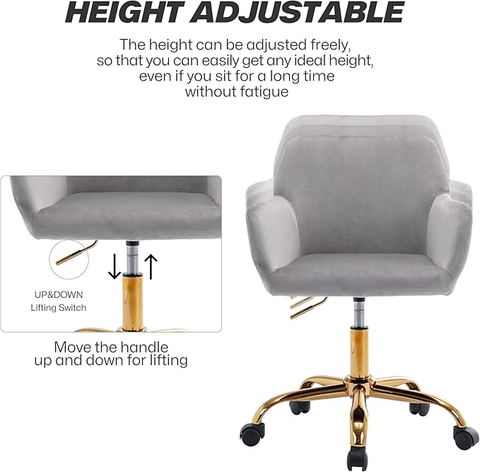 KCC Velvet Office Desk Chair, Comfy Swivel Modern Leisure Armchair with Wheels, Upholstered Comfy Velvet Fabric Makeup Chair Height Adjustable for Teens Women Girls Elegant Home Office, Gray