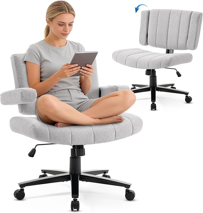 Ergonomic Office Chair - Wide Seat Criss Cross Back Design, Adjustable Arms, 360° Swivel with Wheels, Grey