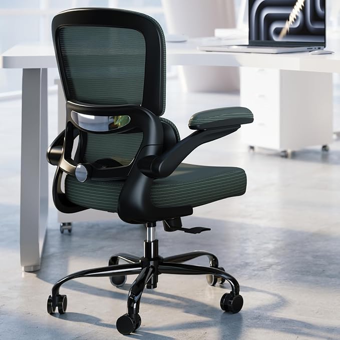TRALT Ergonomic Office Chair - Desk Chair with Adjustable Lumbar Support Computer Chair - Mesh Comfy Chair with Flip-up Armrests - Gaming Chairs for Adults Home Office (PU Leather, Dark Green)