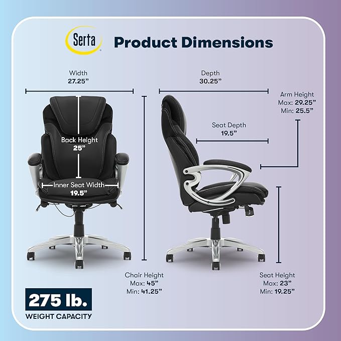 Serta Bryce Executive Office Chair - Ergonomic Computer DeskChair with Lumbar Technology - Adjustable Height - Memory Foam Body Pillows - 360° Swivel Rolling Base - Bonded Leather - Black