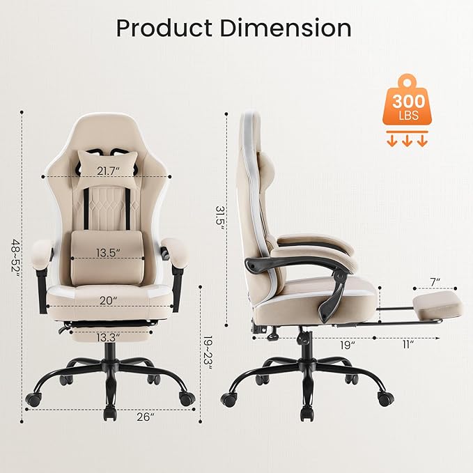 NEWBULIG Gaming Chair with Footrest – High Back Ergonomic Computer Desk Chair with Lumbar Support, Headrest, Linkage Armrests, Reclining Office Chair with 360° Swivel & Height Adjustment, Khaki