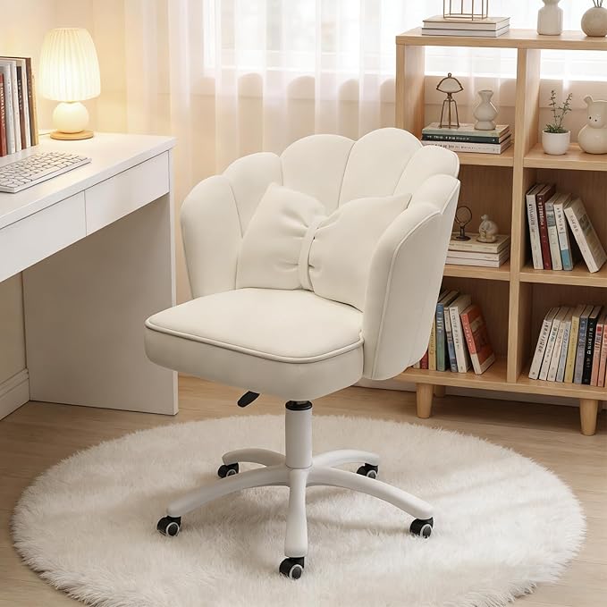 Home Office Desk Chair Swivel Rolling Vanity Chair with Silent Wheels and Comfortable Back, Adjustable Height Upholstered Computer Task Chair for Makeup, Bedroom