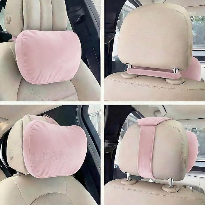 2PCS Car Pillow for Car Neck Pillow for Driving Seat Leather Neck Support Soft Cushion Back Support Head-Rests for Vehicle Sleeping with Elastic Adjustment Strap (Light Pink, Head and Lumbar)