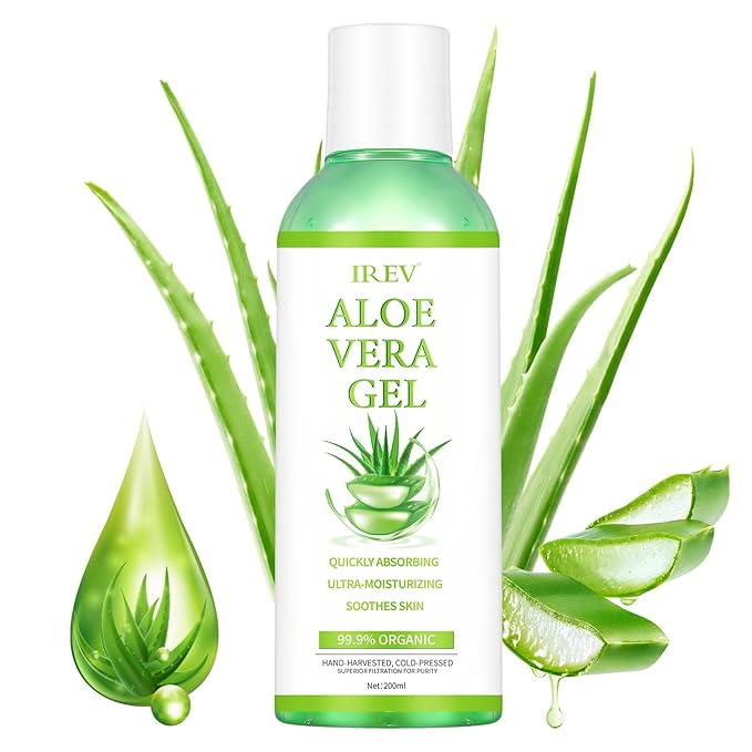 IREV Organic Aloe Vera Gel for Face, Skin, Hair, Sunburn Relief, Pure Aloe Vera Soothing Gel for Skin Care, Acne, After Sun Repair, After Shave, Cold Pressed, No Sticky Residue, Moisturizing-200ml