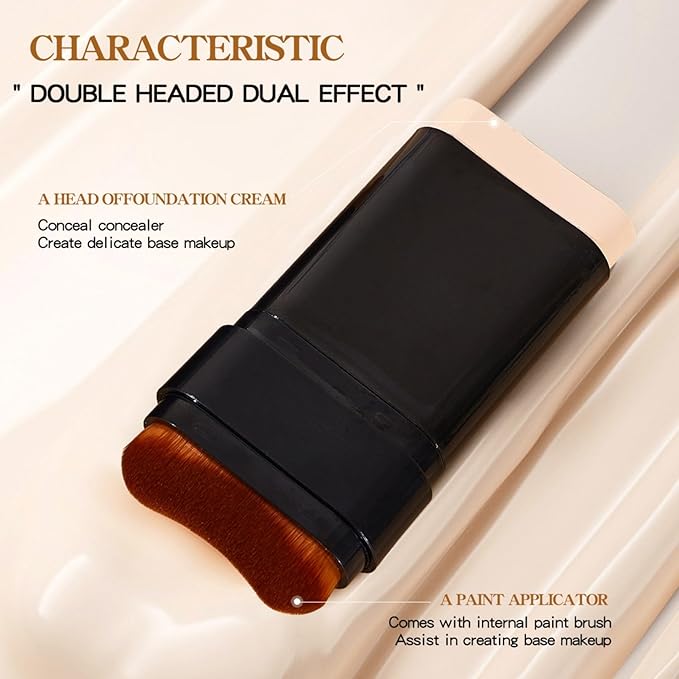 Korean Dual Ended Foundation Stick with Brush, 2 in 1 Concealer Foundation Stick & Contour Makeup, Hydrating Formula - Lightweight, Waterproof, Covers Blemishes (Ivory White)