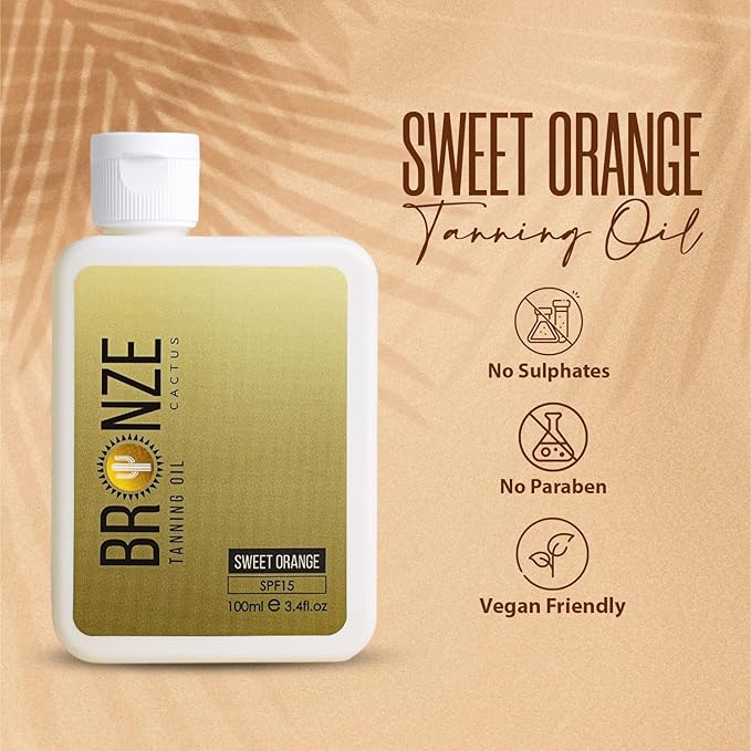 Sweet Orange Tanning Oil SPF 15 – Radiant, Hydrating Sun Oil | Vegan, Dermatologist Tested | Broad Spectrum UVA/UVB Defense | Vitamin E & Natural Seed Oils for Smooth Skin Glow 3.4fl.oz