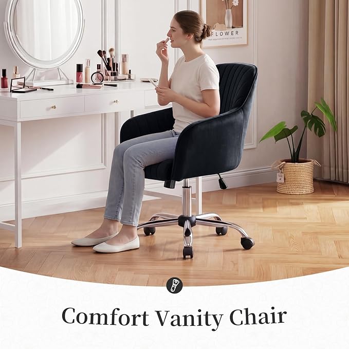 Warmiehomy Velvet Desk Chair for Home Office, Modern Adjustable Swivel Task Chair, Women Vanity Chairs with Arm Rest for Bedroom Dressing Room, Black