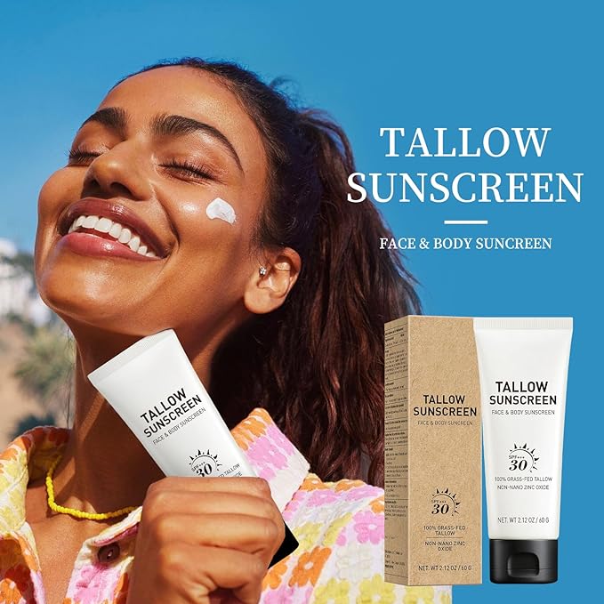 Beef Tallow Mineral Sunscreen SPF with Zinc Oxide – Natural Face & Body Sunblock, Non-Greasy Daily Sun Protection, Travel Size 2 oz