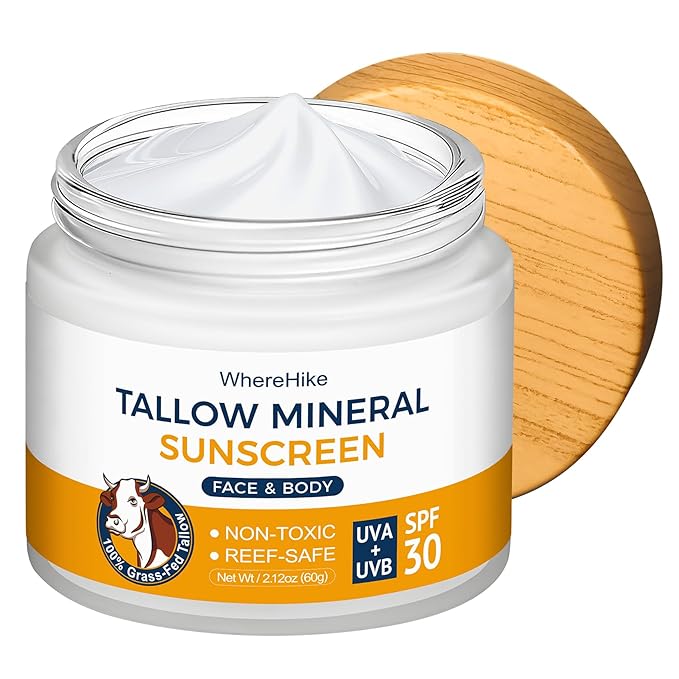 Beef Tallow Sunscreen Organic SPF 30 with Zinc Oxide,Non-Toxic 2-in-1 Moisturizer & Mineral Sunblock | Reef Safe, Chemical-Free,Lightweight, Clean Formula for Sensitive Skin.