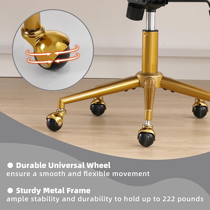 Westice Gray Home Office Desk Chairs, Modern Velvet Rolling Chair, Height Adjustable Swivel Vanity Chair with Golden Base, Ergonomic Chair for Study, Living Room Computer Room