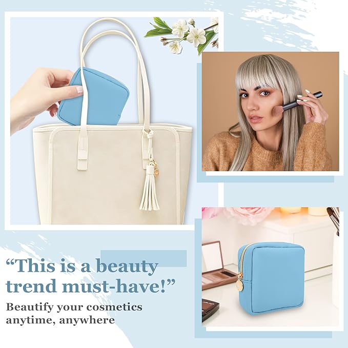 Nylon Mini Makeup Bag for Purse, Preppy Small Cute Makeup Bag Cosmetic Zipper Pouch Purse, Waterproof Travel Coin Pouch Sanitary Napkin Storage Bag Clutch Make Up Organizer Bag for Women Girls(Blue)