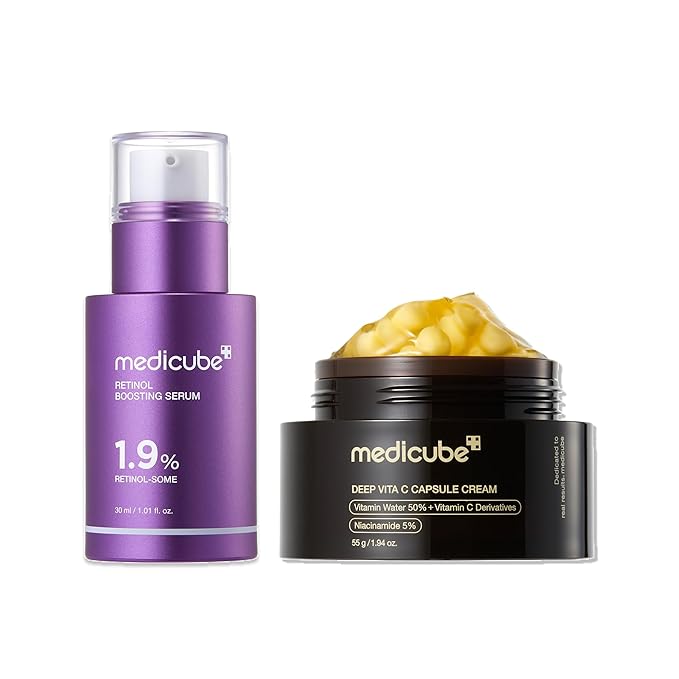 medicube Retinol & Vitamin C Radiance Duo: Retinol Boosting Serum and Deep Vita Capsule Cream | Peptides, Vitamin C Capsules for Fimer-Looking Skin, Radiance and Dull Skin | Korean Skincare