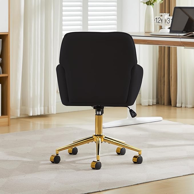 YITAI Velvet Office Desk Chair with Wheels and Gold Base,Modern Height Adjustable 360 Degree Swivel Upholstered Vanity Chairs with Arms for Living Room Bedroom, Study,Black