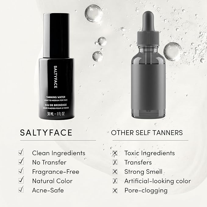 SALTYFACE - Tanning Water (Light to Medium) - Self Tanner for Face, Neck, Ears, Chest - No Color Transfer - Oil Free, Fragrance Free - Streak-Free, Non-Clogging - Vegan Skin Care - 1 FL OZ (30 ML)
