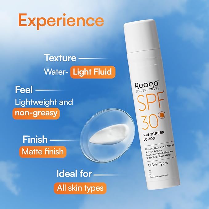 Raaga Professional Sunscreen Lotion SPF 30 | Broad Spectrum UVA & UVB Protection | Lightweight, Non-Greasy & Water-Resistant | Keeps Skin Hydrated | For All Skin Types | 1.86 Fl Oz/55ml