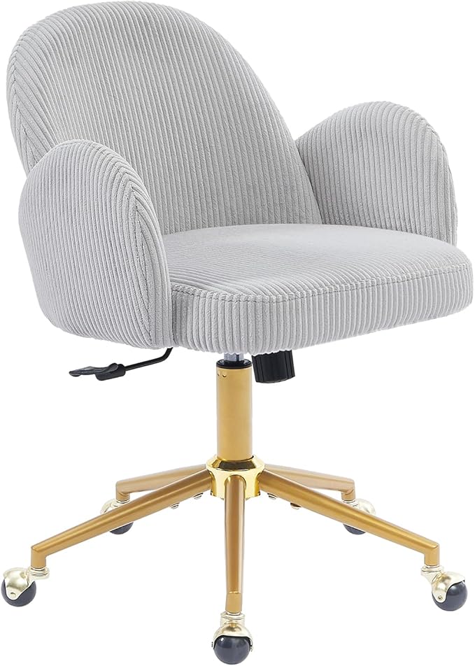 Home Office Chair with Petal Backrest, Corduroy Upholstered Desk Chair with Adjustable Swivel Wheels, Ergonomic Chairs for Living Room, Bedroom, Office, Study, Flower Cute Girls Vanity Chair (Grey)
